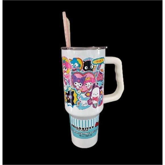 Hello Kitty Sanrio 40oz Tumbler w/ Handle & Straw Sticker Collage Design - Picture 9 of 15